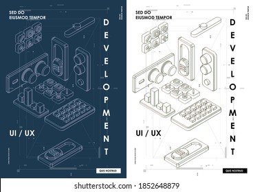 Concept of Hud poster with UI elements. User experience, user interface in e-commerce. Web design and mobile template. design and development, testing, SEO, social marketing, to publishing and launch.