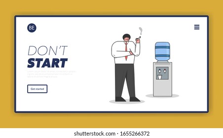 Concept Of Human Bad Habit, Healthcare And Smoking Addiction. Website Landing Page.Man Takes A Smoke Break At Lunch Time In The Office. Web Page Cartoon Outline Linear Flat Style. Vector Illustration
