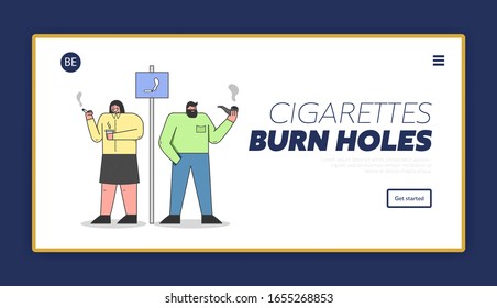 Concept Of Human Bad Habit And Smoking Addiction. Website Landing Page. People Are Smoking Cigarettes At The Smoking Area At Break Time. Cartoon Outline Linear Style. Vector Illustration