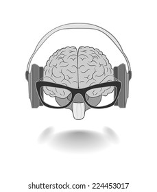 Concept of the human brain with glasses enjoyer music from the headphones