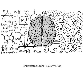 The concept of the human brain is the left and right hemisphere. Analytics and creativity. Monochrome sketch. Vector illustration