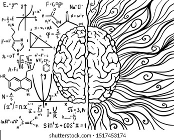 The concept of the human brain is the left and right hemisphere. Analytics and creativity. Monochrome sketch. Vector illustration
