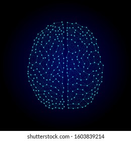 "Concept of a human brain from luminous points and lines. 
Top view of two hemispheres. Shape isolated on dark background. Vector illustration"