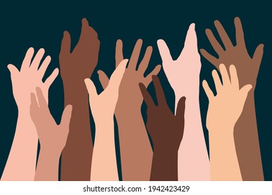 Concept of human brotherhood, with raised hands of different ethnicity, to symbolize diversity and the fight against racism.