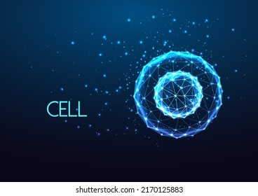 Concept of human cell under microscope in futuristic glowing low poly style on dark blue background