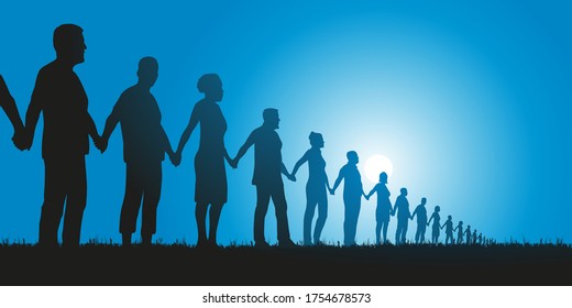 Concept of the human chain and solidarity with a group of aligned people who join hands to show that unity is strength.