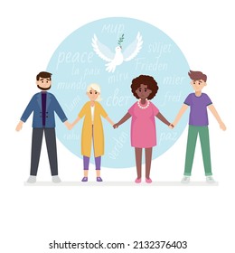 Concept of the human chain and solidarity with a group of aligned people. People for peace