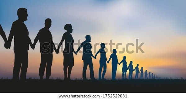 Concept of\
the human chain and solidarity with a group of aligned people who\
join hands to show that unity is\
strength.