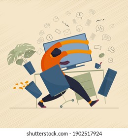 The concept of human character overload with information and mental breakdown while working at the computer. Vector illustration.