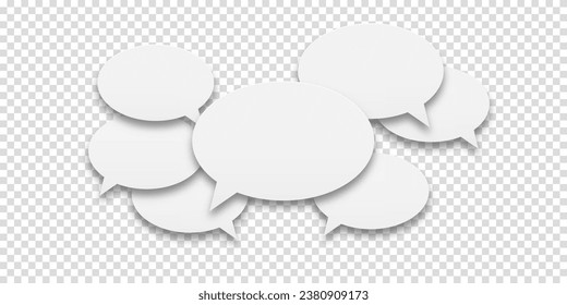 Concept of human communication. Set of speech bubbles icons. White speech bubbles on a tranpsrent background. Communication between people, a kind of active conversation. Vector illustration.