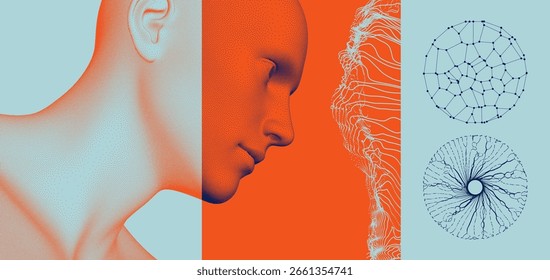 Das Konzept des menschlichen Kontakts mit künstlicher Intelligenz. Ein Mann studiert Big Data. Circle-Element. Anordnung mit dynamischen Teilchen. Illustration für Broschüre, Poster, Umschlag, Karte, Präsentation, Flyer.