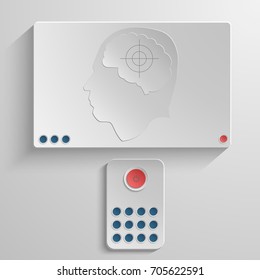 The concept of human dependence on information technology. The brain at the sight of the TV remote control. Vector illustration.