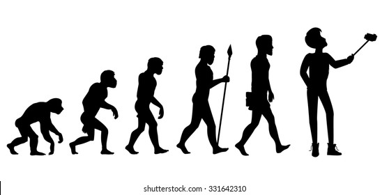 Concept Of Human Evolution From Ape To Man. Development Progress, Primate Growth, Ancestor And Mankind, Caveman And Neanderthal, Mammal Generation. Man Doing Selfie With Monopod. Black And White