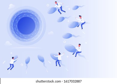 concept of human fertilization with tiny people riding sperm ahead to egg, vector flat illustration for web, landing page, ui, banner, editorial, mobile app and flyer