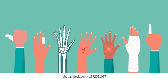 Concept Of The Human Hand Trauma Injury With X-ray Of Broken Bone, Cutting Wound Red Blood On Palm, The Bandage On Finger, Arm Pain, Flat Vector Illustration