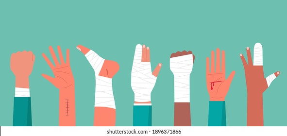 Concept Of The Human Hand Trauma Injury With Cutting Wound Red Blood On Palm, The Bandage On Finger, Arm Pain And Broken Foot And Ankle , Flat Vector Illustration