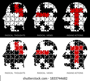 Concepto. Cabeza humana hecha de piezas de rompecabezas. Puntos de vista radicales, pensamientos radicales, acciones terribles. No hay terrorismo. Vector