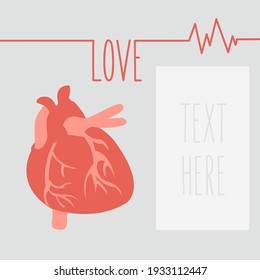 concepto corazón humano es medicina diseño plano aislado y lugar para el texto en el fondo. El amor creativo salva vidas con dibujos animados vectoriales en forma de ekg. latido de corazón en tarjeta de bienvenida romántica para cardiograma o postal 