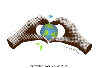 Concept of human loves planet earth. Retro halftone hands that protect the planet. 22 April Earth day banner for social media. Save the planet concept. Manipulating. Hand gesturing heart sign. Vector.