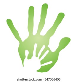 Concept human or mother and child hand prints painted, isolated on white background for art, care, childhood, family, fun, happy, infant, symbol, kid, little, love, mom, motherhood, young design