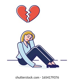 Concept Of Human Negative Emotions And Behavior. Woman Is Crying, Feeling Broken, Expressing Negative Emotions Because Relationship Conflict. Cartoon Linear Outline Flat Style. Vector Illustration