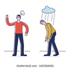 Concepto de Emociones y Comportamientos Negativos Humanos en la Sociedad. Dos Hombres Están Expresando Emociones Negativas Gritando, Opresión, Quejas Y Aburrimiento. Estilo plano de contorno lineal de dibujo.  Ilustración vectorial