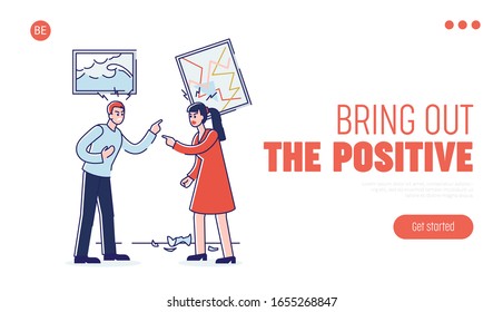 Concepto De Emociones Negativas Humanas. Página de inicio del sitio web. Hombre Y Mujer Expresando Emociones Negativas Gritando, Quejando Y Gruñendo. Estilo de esquema lineal de dibujo de dibujo.  Ilustración vectorial