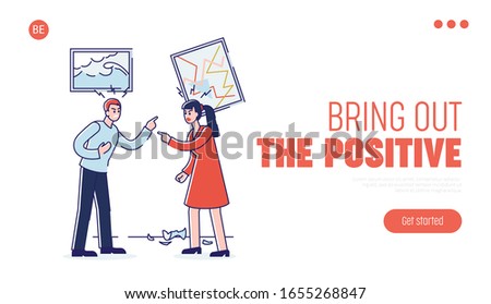 Concept Of Human Negative Emotions. Website Landing Page. Man And Woman Expressing Negative Emotions Shouting, Complain And Grudge. Cartoon Linear Outline Style. Vector Illustration