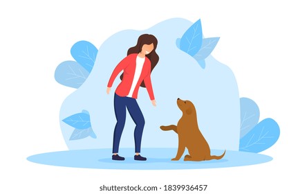 The concept of human and pet friendship with a friendly dog giving its paw to its female owner. Flat cartoon vector illustration.