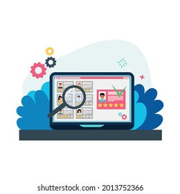 Concept for human resource management. Several resumes with grades on the computer monitor. Searching employees, selecting professional staff, analyzing personnel resume. Flat vector illustration