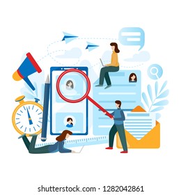 Concept of human resources, choice, career, employment, CV, job search, professional skill. Tiny people are looking for a candidate. Modern flat vector illustration , isolated on white background.