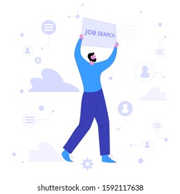 Concept Human Resources. Hiring employees. Online recruitment. Job search. Head Hunting in social network. Employees looking for job. Flat vector illustration