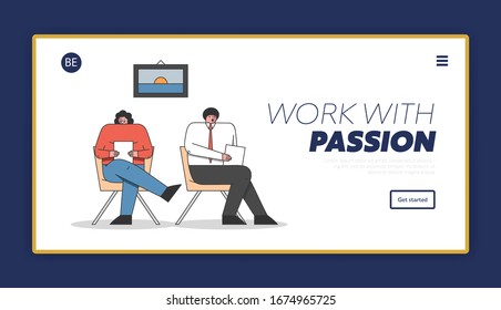 Concept Of Human Resources And and Job Vacancy. Website Landing Page. Man And Woman Are Waiting For Job Interview In The Office Holding CV. Cartoon Linear Outline Flat Vector Illustration