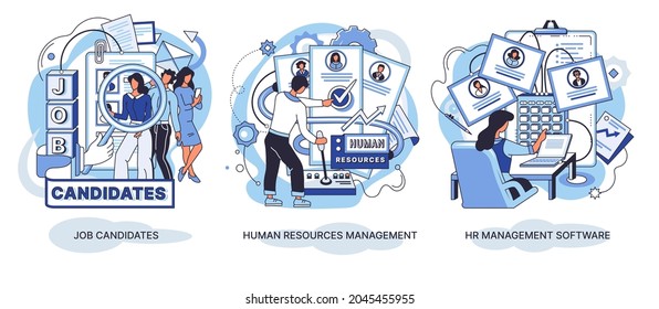 Concept human resources management, job candidates, hr management software vector set. Recruitment and headhunter service abstract icon. Find worker, job applicant, hiring and searching for employees