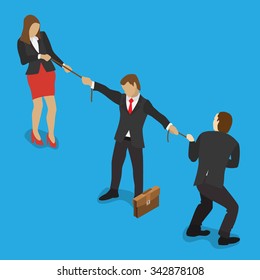 Concept of human resources management, professional staff research, head hunter job.Businessman and businesswoman pulling the other in different directions for business competition design. 