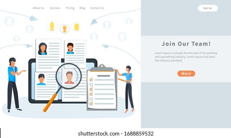 Concept human resources and online recruitment service for web page, banner, presentation, posters. HR managers choosing best candidate for job interview. Employee hiring. Recruitment Process