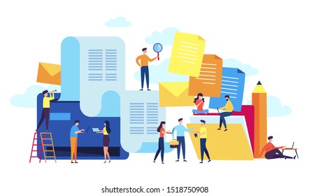 Concept of human resources, recruitment, filling resumes, hiring employees, people fill out the form. Vector illustration for web page, banner, presentation, social media, documents, cards, posters