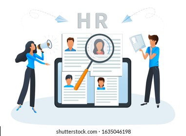 Concept Human Resources, recruitment and headhunting agency. Employment service website. Vector illustration HR, hiring, CV, job search, interview, employment process, looking for talent