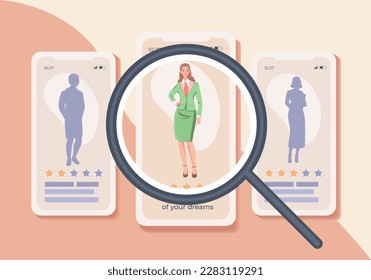 Concept Human Resources, recruitment and headhunting agency. Employment service website. Vector illustration HR, hiring, CV, job search, interview, employment process, looking for talent