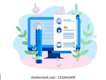 Concept Human Resources, Recruitment for web page, banner, presentation, social media, documents, cards, posters. Vector illustration filling out resumes, hiring employees, people fill out the form