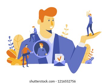 Concept Human Resources, Recruitment for web page, banner, presentation, social media, documents, cards, posters. Vector illustration filling out resumes, hiring employees, searching people