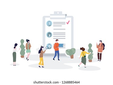 Concept Human Resources, Recruitment for web page, banner, presentation, social media, documents, cards, posters. Vector illustration filling out resumes, hiring employees, people fill out the form