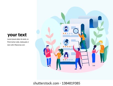 Concept Human Resources, Recruitment for web page, banner, presentation, social media, documents, cards, posters. Vector illustration filling out resumes, hiring employees, people fill out the form