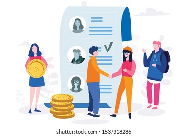 Concept Human Resources, Recruitment for web page, banner, presentation, social media, documents, cards, posters. Vector illustration filling out resumes, hiring employees, people fill out the form
