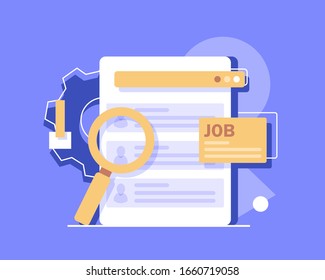 Concept Human Resources, Recruitment for web page, banner, presentation, social media, documents, cards, posters. Vector illustration filling out resumes, hiring employees, people fill out the form