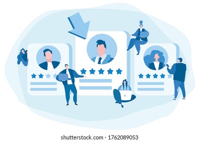 Concept Human Resources, Recruitment for web page, banner, presentation, social media, documents, cards, posters. Vector illustration filling out resumes, hiring employees, people fill out the form