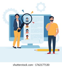 Concept Human Resources, Recruitment for web page, banner, presentation, social media, documents, cards, posters. Young team looking for employees online. Vector illustration in flat style