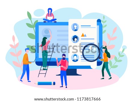 Concept Human Resources, Recruitment for web page, banner, presentation, social media, documents, cards, posters. Vector illustration filling out resumes, hiring employees, people fill out the form