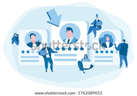 Concept Human Resources, Recruitment for web page, banner, presentation, social media, documents, cards, posters. Vector illustration filling out resumes, hiring employees, people fill out the form