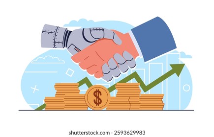 Concept of human robot cooperation. Businessman and ai hand. Artificial intelligence in teamwork. Future technologies in finance, market growth chart. Cartoon flat illustration. Vector concept